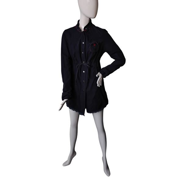 Free People 100% Cotton Utility Jacket Size 8 Navy Blue Tie at Waist Snap Button - Picture 3 of 10